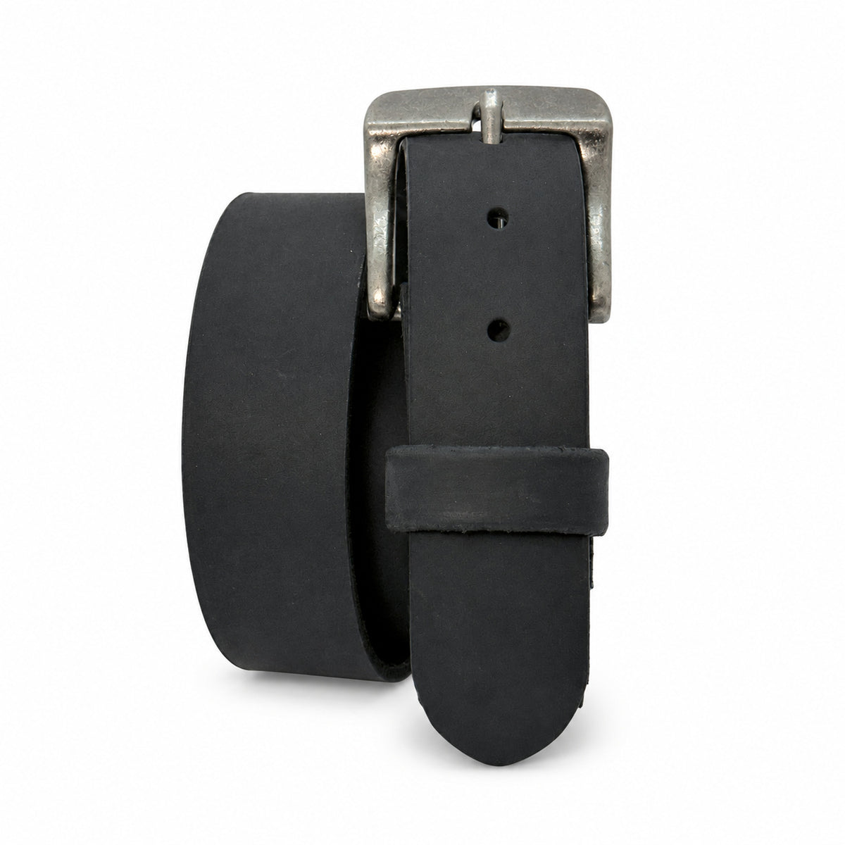 Black Crazy Horse leather belt standing coiled with a Vintage Steel Pin buckle on white.