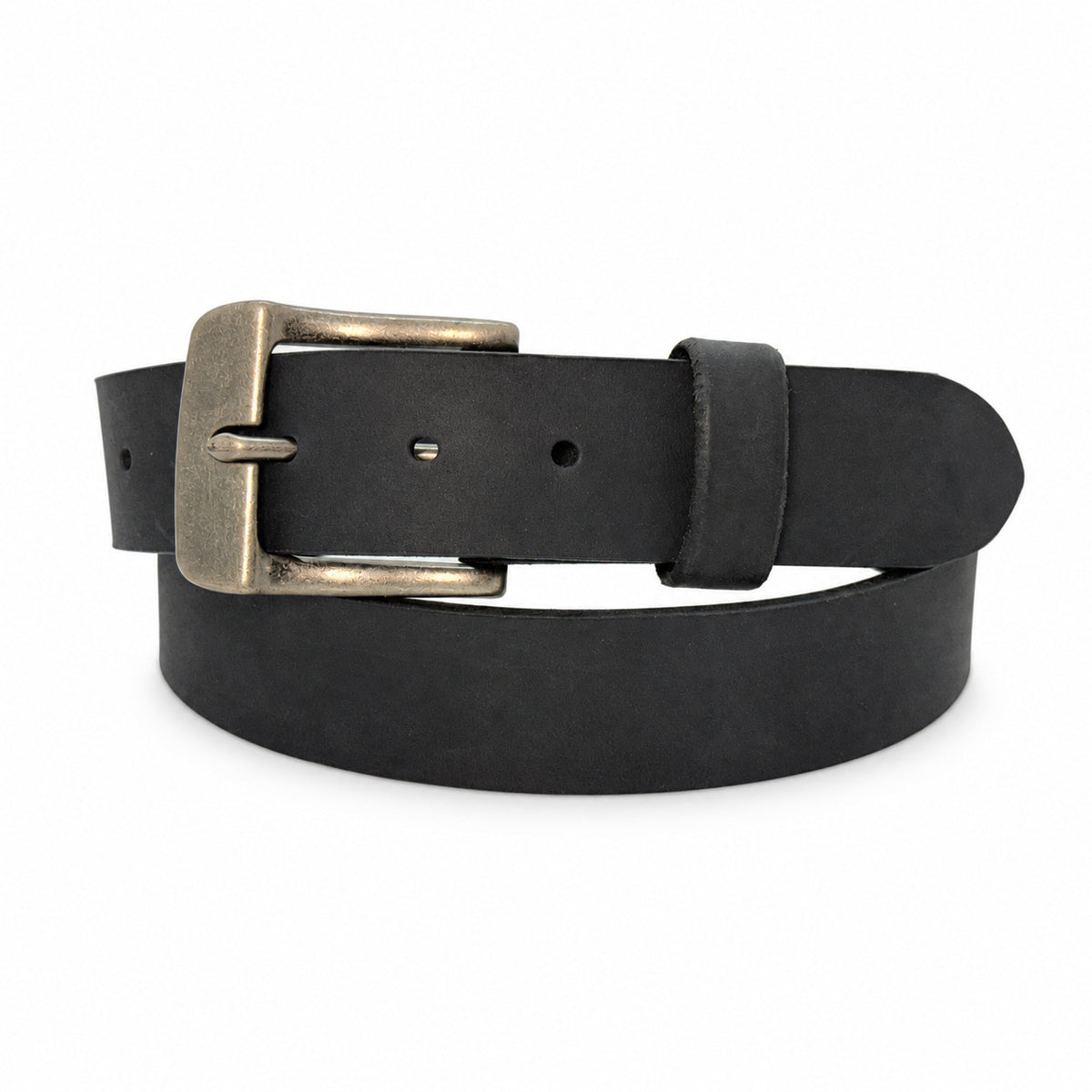 Black Crazy Horse leather belt coiled with a Vintage Steel Pin buckle on white.
