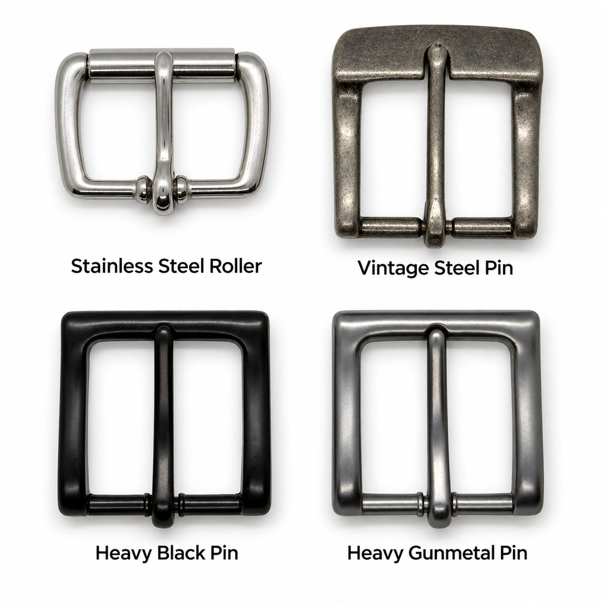 Buckle options for the black Crazy Horse leather belt: Stainless Steel Roller, Vintage Steel Pin, Heavy Black Pin, and Heavy Gunmetal Pin.