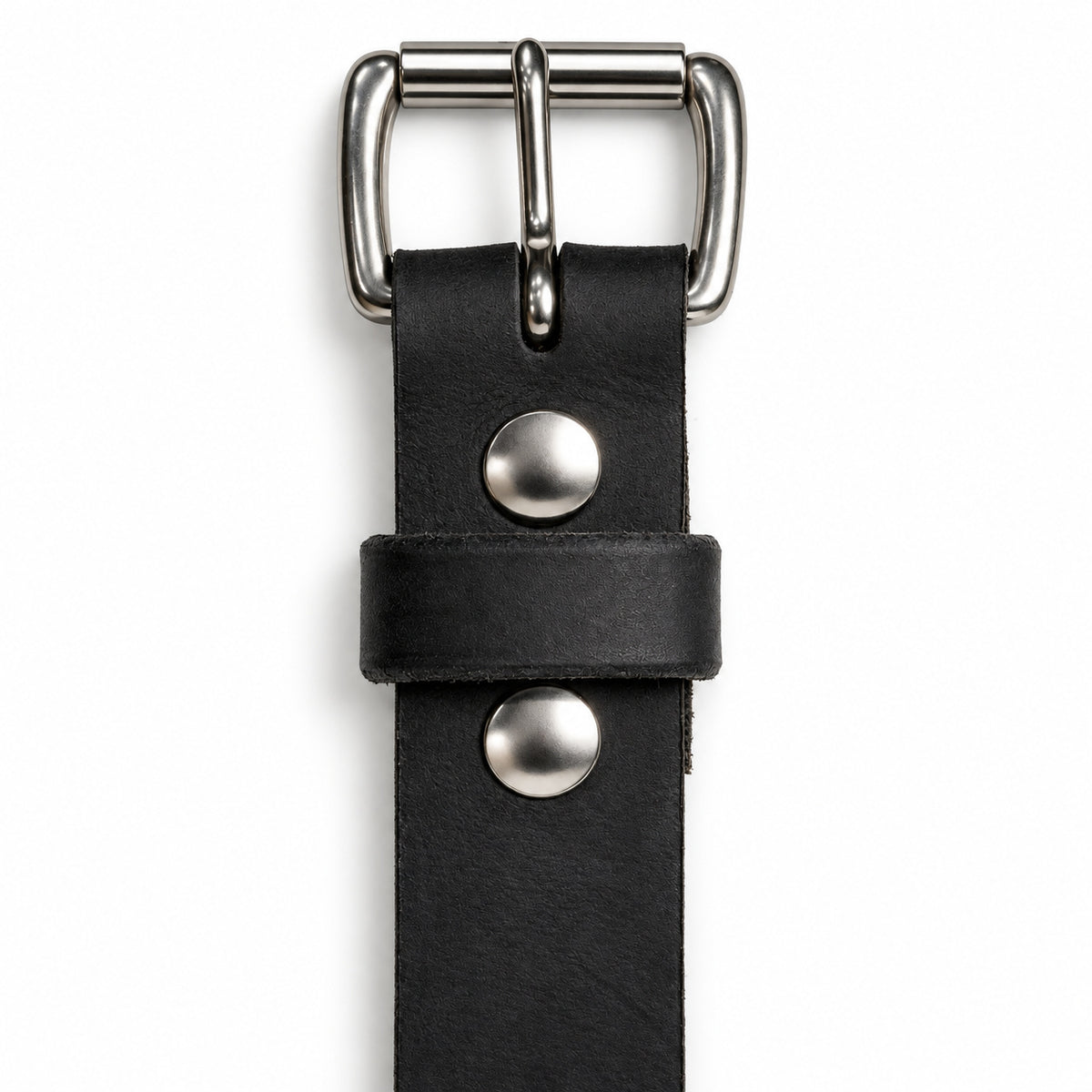 Black Crazy Horse leather belt detail showing a Stainless Steel Roller buckle, closed snaps, and matching leather keeper.