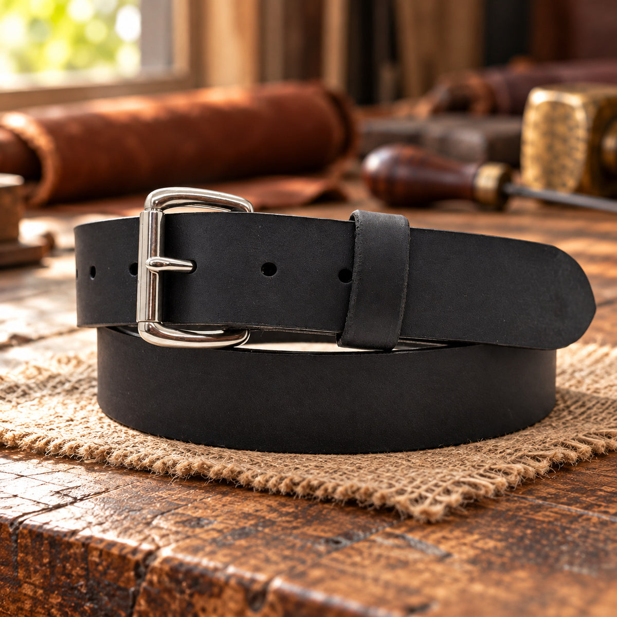 Black Crazy Horse full-grain buffalo leather belt with a Stainless Steel Roller buckle, coiled on a wooden workshop table.
