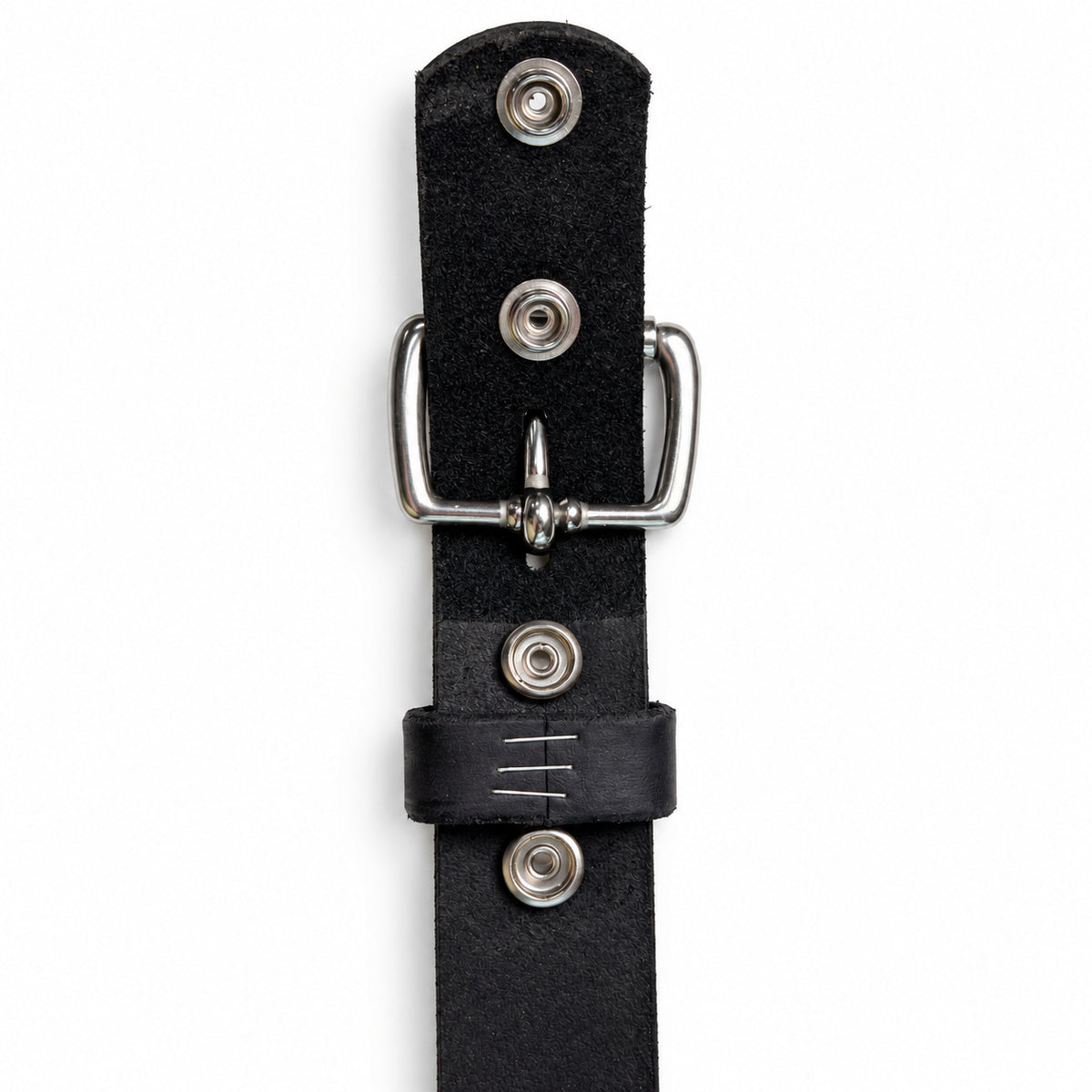 Open snap closure on the black Crazy Horse leather belt, showing the removable roller buckle attachment and matching keeper.