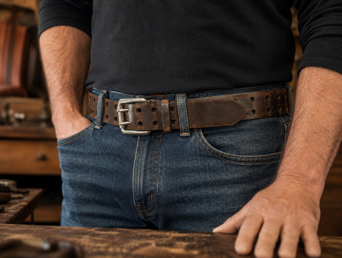 Crazy Horse Brown Double Prong Leather Belt, Full Grain Buffalo - 1.5" - TheBeltShoppe.com