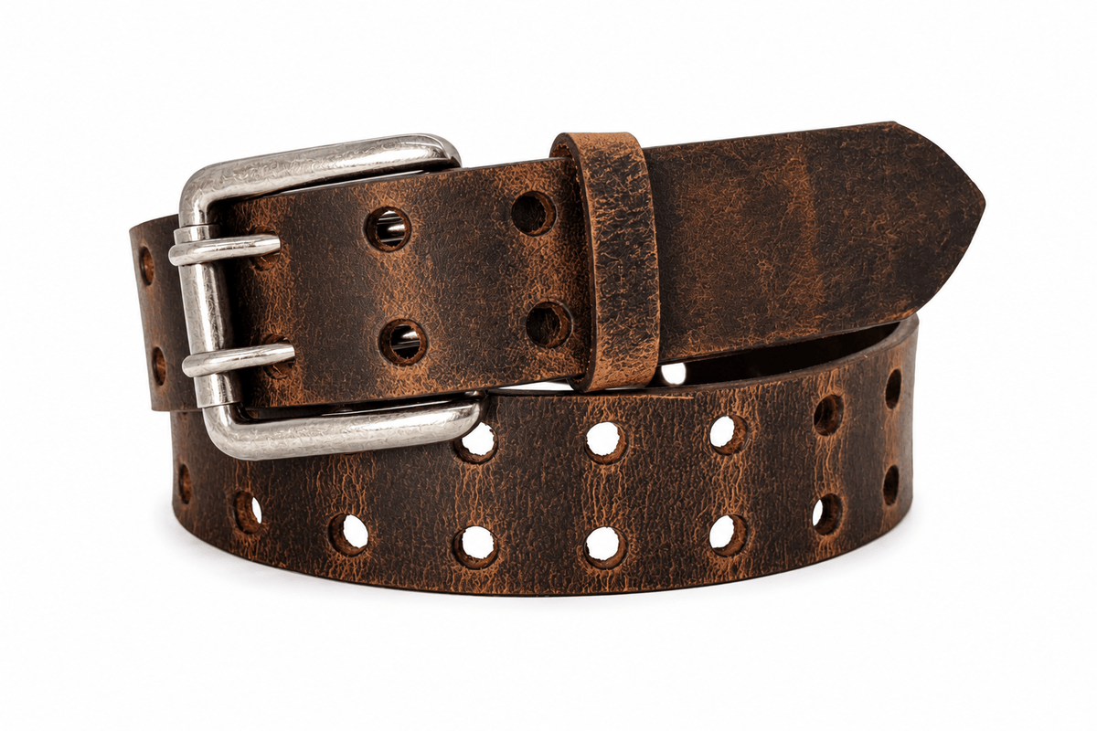 Crazy Horse Brown Double Prong Leather Belt, Full Grain Buffalo - 1.5" - TheBeltShoppe.com