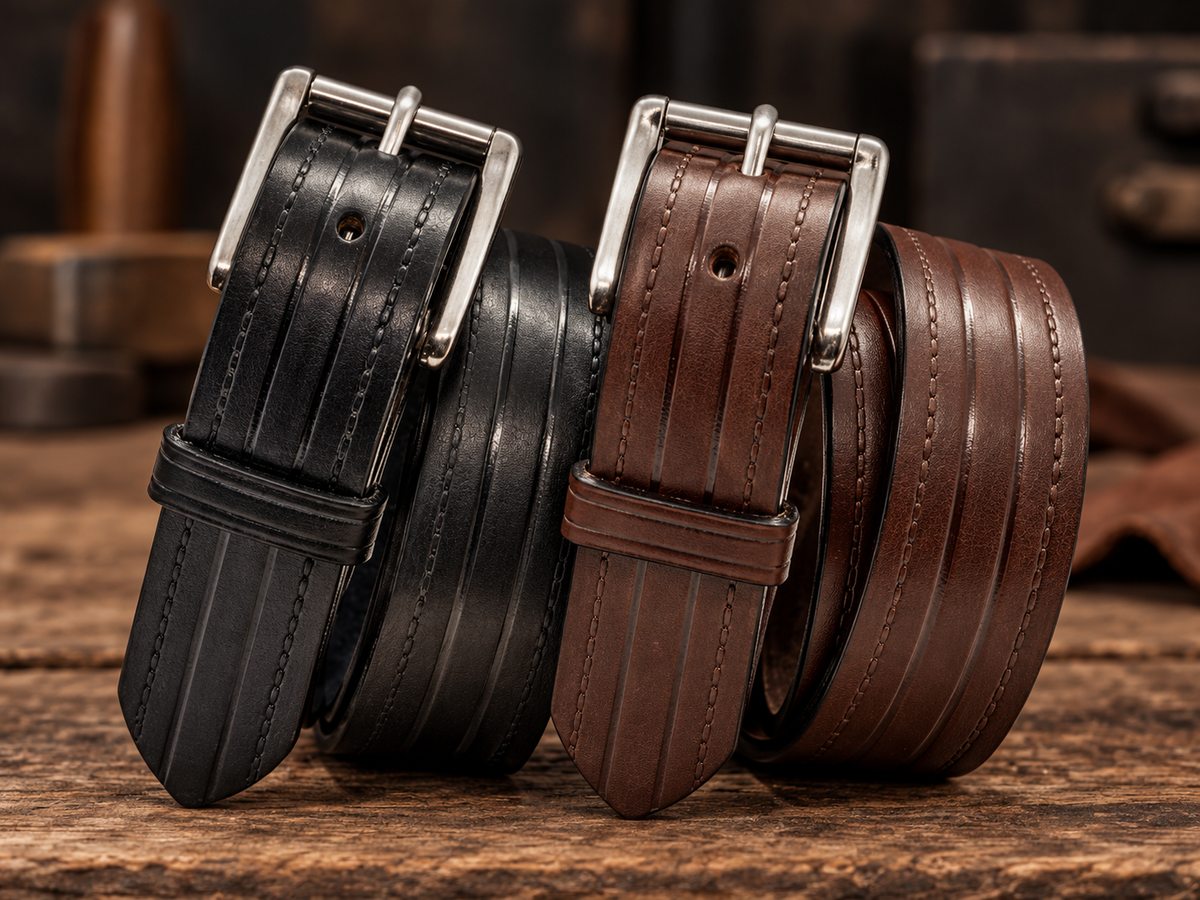 Close-up of black and brown Rancher heavy-duty leather belts showing embossed lines, leather keepers, and silver roller buckles.