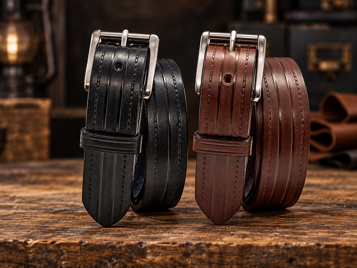 Black and brown Rancher embossed-lines heavy-duty leather belts with silver roller buckles on a rustic workshop surface.