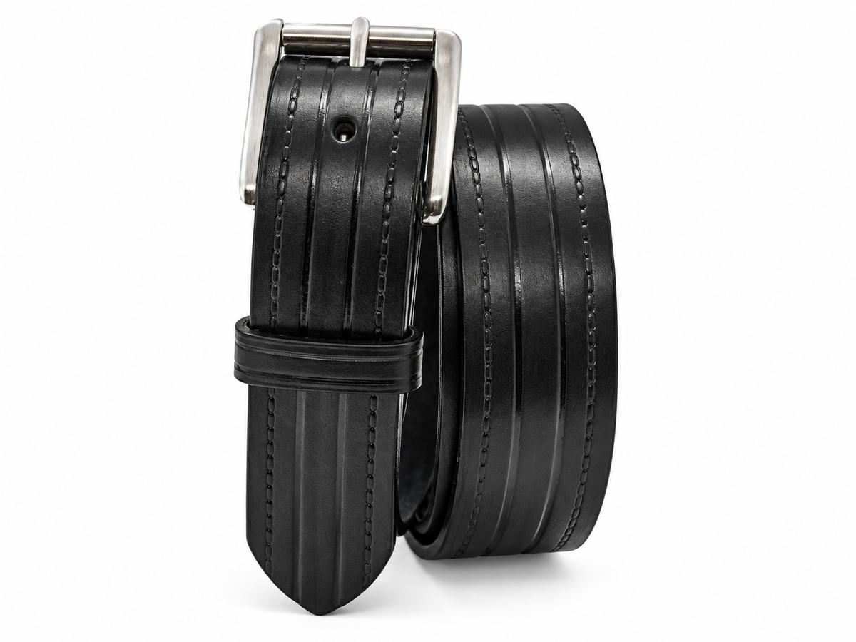 Black Rancher 1.5-inch Amish-made heavy-duty full-grain leather belt with embossed lines and silver roller buckle on a white background.