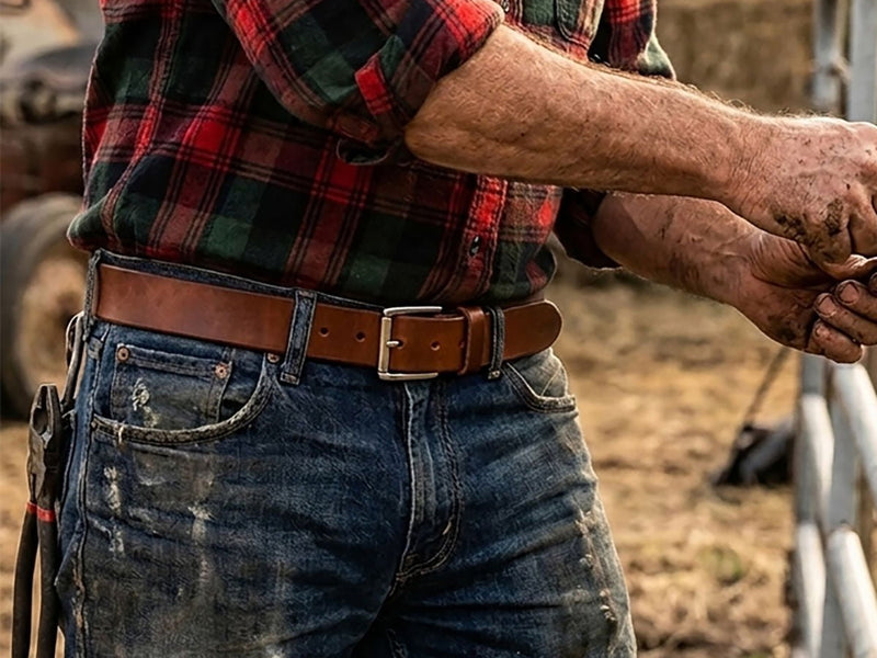 Russet harness leather belt worn with blue jeans and a red plaid shirt while working outdoors.