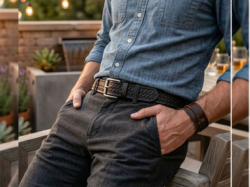 The Sheriff black 1.5 inch full grain harness leather basket weave belt worn with blue denim shirt and dark jeans outdoors.