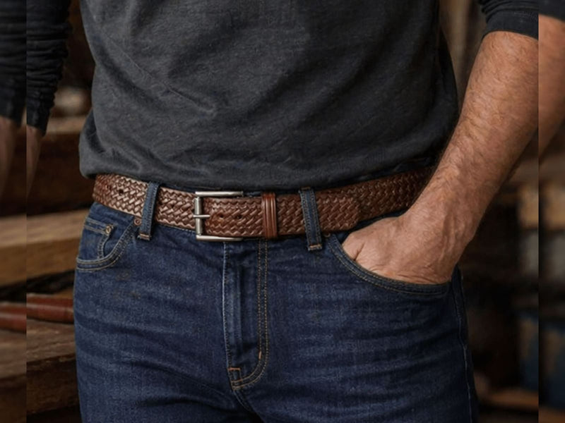 The Sheriff brown 1.5 inch full grain Wickett & Craig harness leather basket weave belt worn with jeans.
