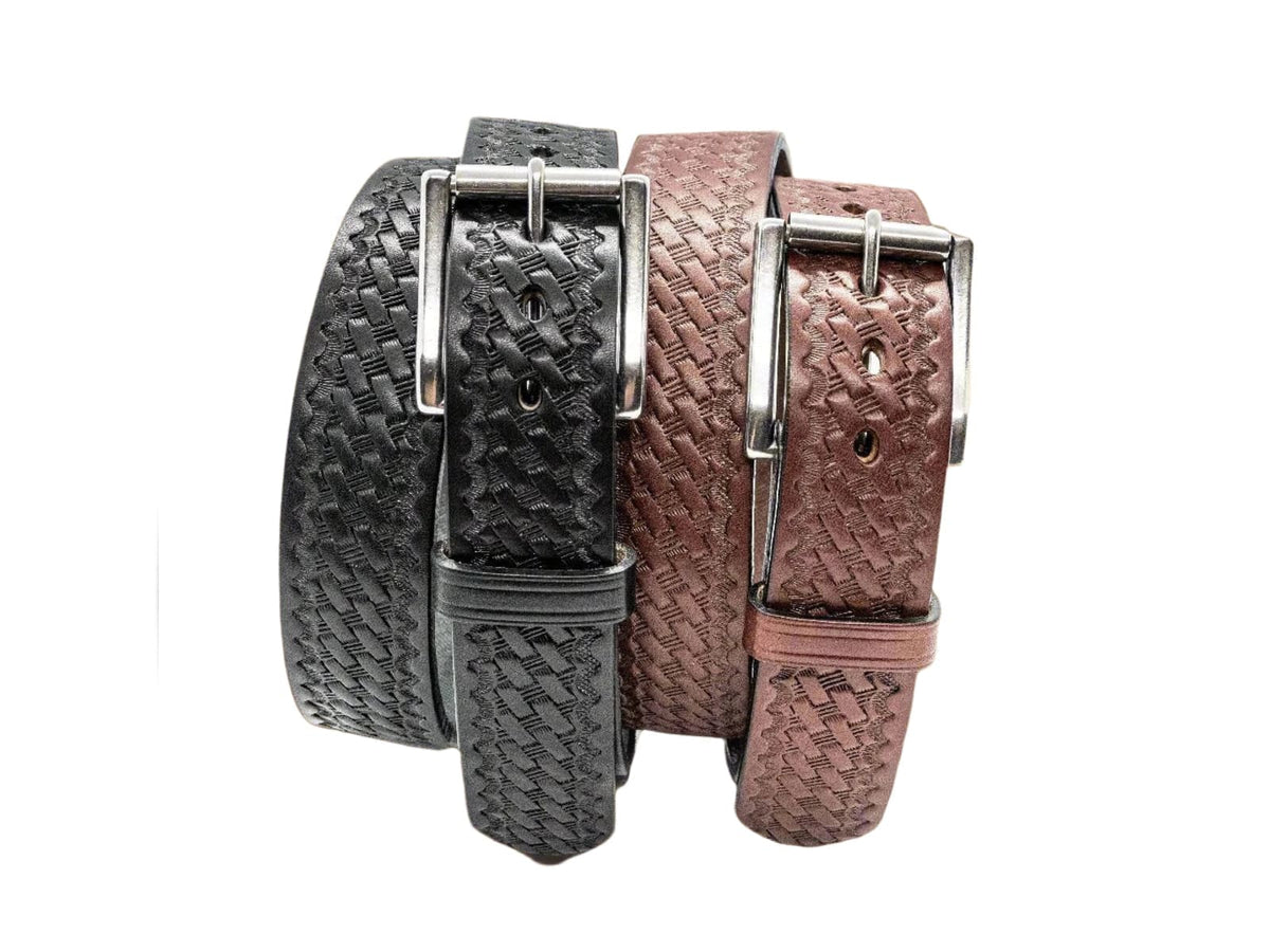 Black and brown 1.5 inch full grain harness leather basket weave belts with roller buckles on white background.