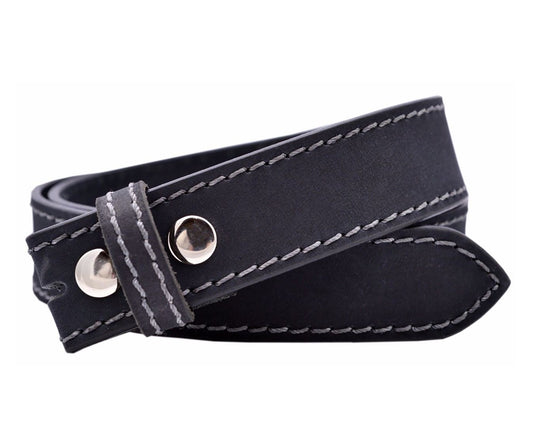 Full Grain Buffalo Leather Belt Strap w/ Grey Stitching - Black