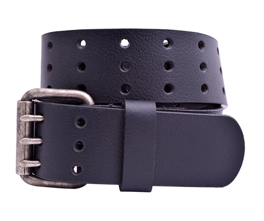 Full Grain Buffalo Leather 3-Hole Jeans Belt - Black