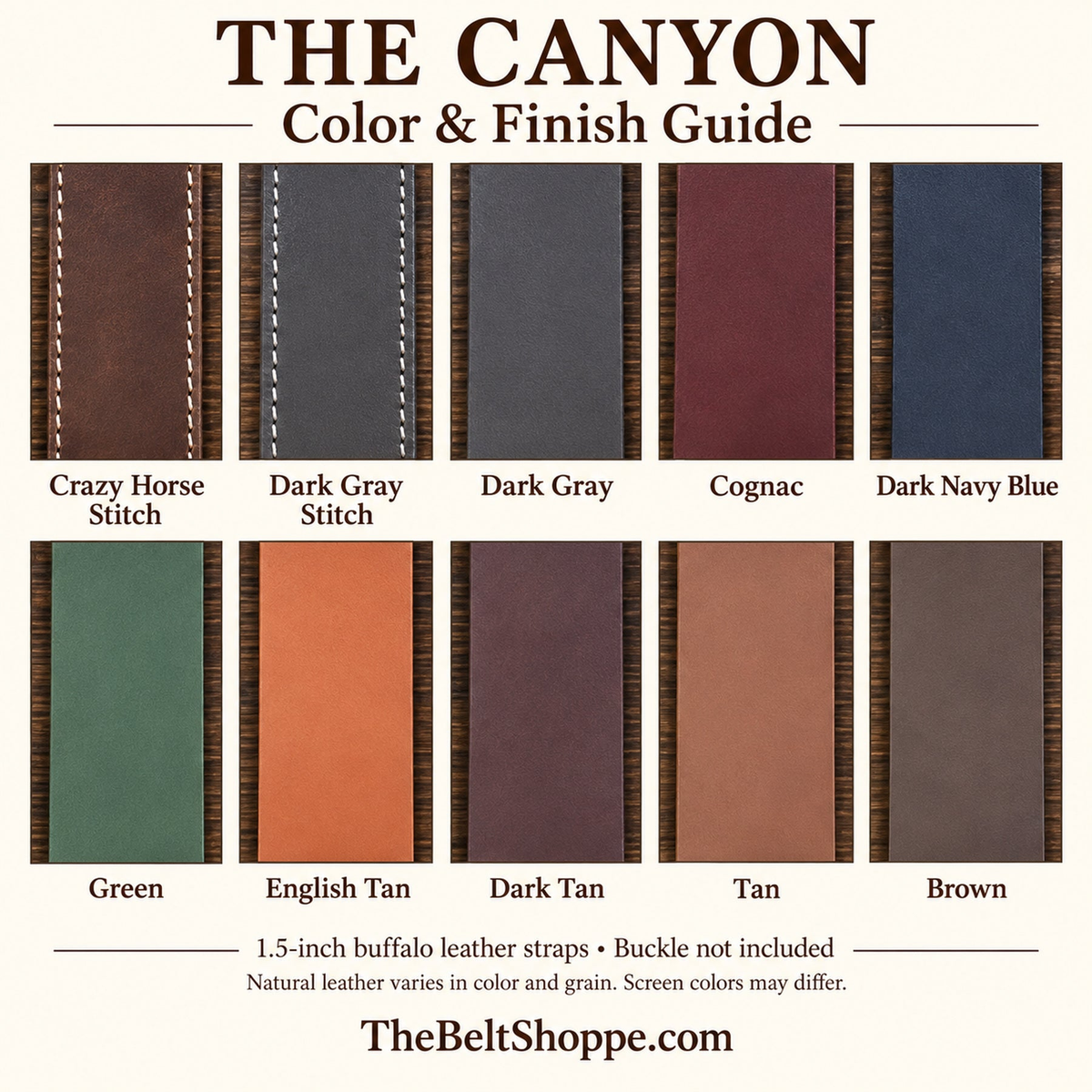 The Canyon color and finish guide: Crazy Horse Stitch, Dark Gray Stitch, Dark Gray, Cognac, Dark Navy Blue, Green, English Tan, Dark Tan, Tan, and Brown.