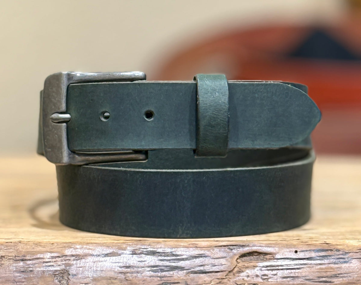 The Crazy Horse: Full Grain Buffalo Leather Crazy Horse Finish Belt Green - 1.5" - TheBeltShoppe.com