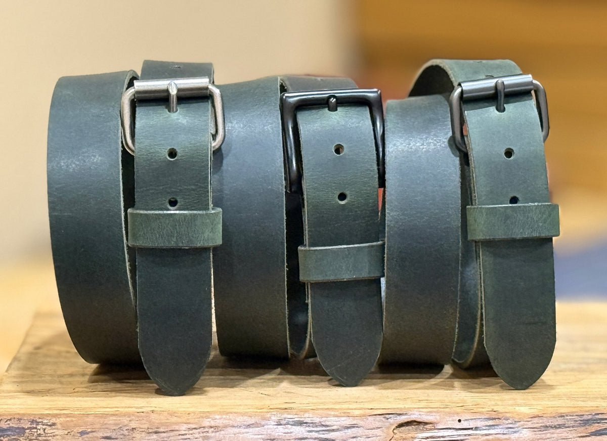 The Crazy Horse: Full Grain Buffalo Leather Crazy Horse Finish Belt Green - 1.5" - TheBeltShoppe.com