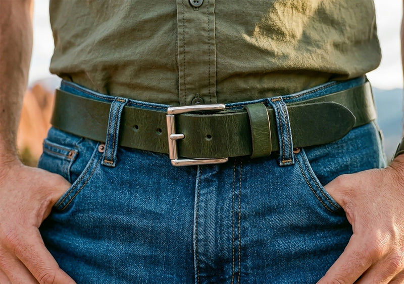 The Crazy Horse: Full Grain Buffalo Leather Crazy Horse Finish Belt Green - 1.5" - TheBeltShoppe.com