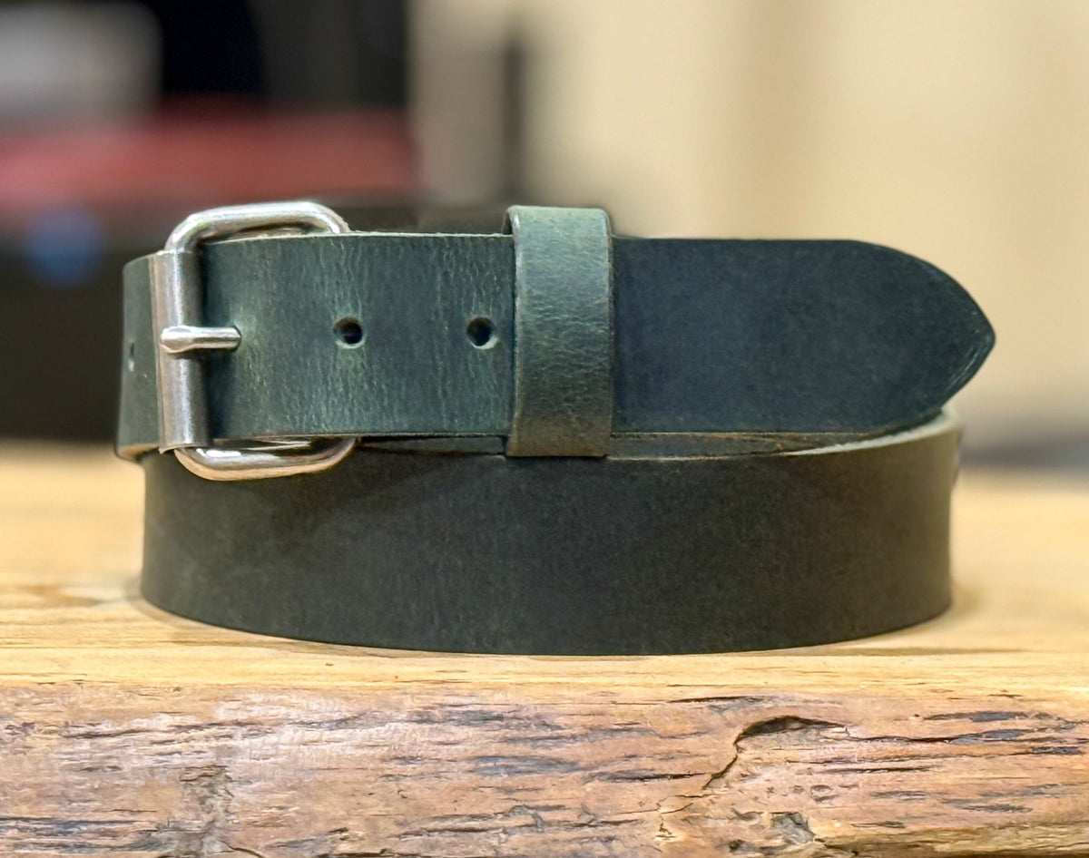 The Crazy Horse: Full Grain Buffalo Leather Crazy Horse Finish Belt Green - 1.5" - TheBeltShoppe.com