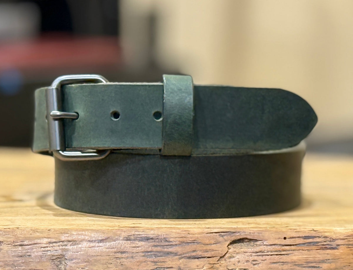 The Crazy Horse: Full Grain Buffalo Leather Crazy Horse Finish Belt Green - 1.5" - TheBeltShoppe.com