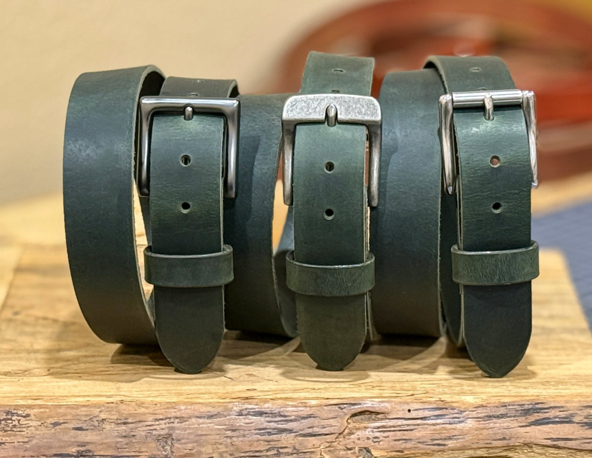 The Crazy Horse: Full Grain Buffalo Leather Crazy Horse Finish Belt Green - 1.5" - TheBeltShoppe.com