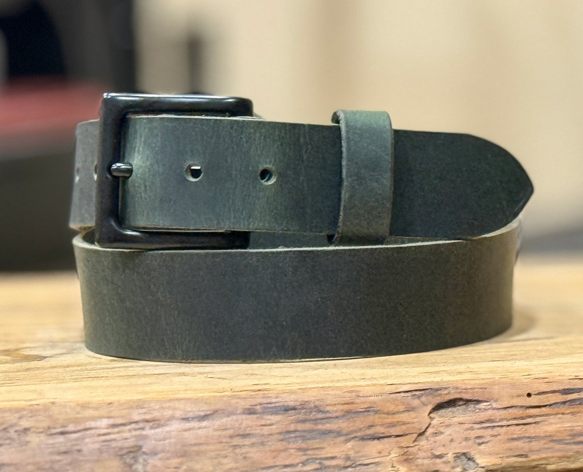 The Crazy Horse: Full Grain Buffalo Leather Crazy Horse Finish Belt Green - 1.5" - TheBeltShoppe.com