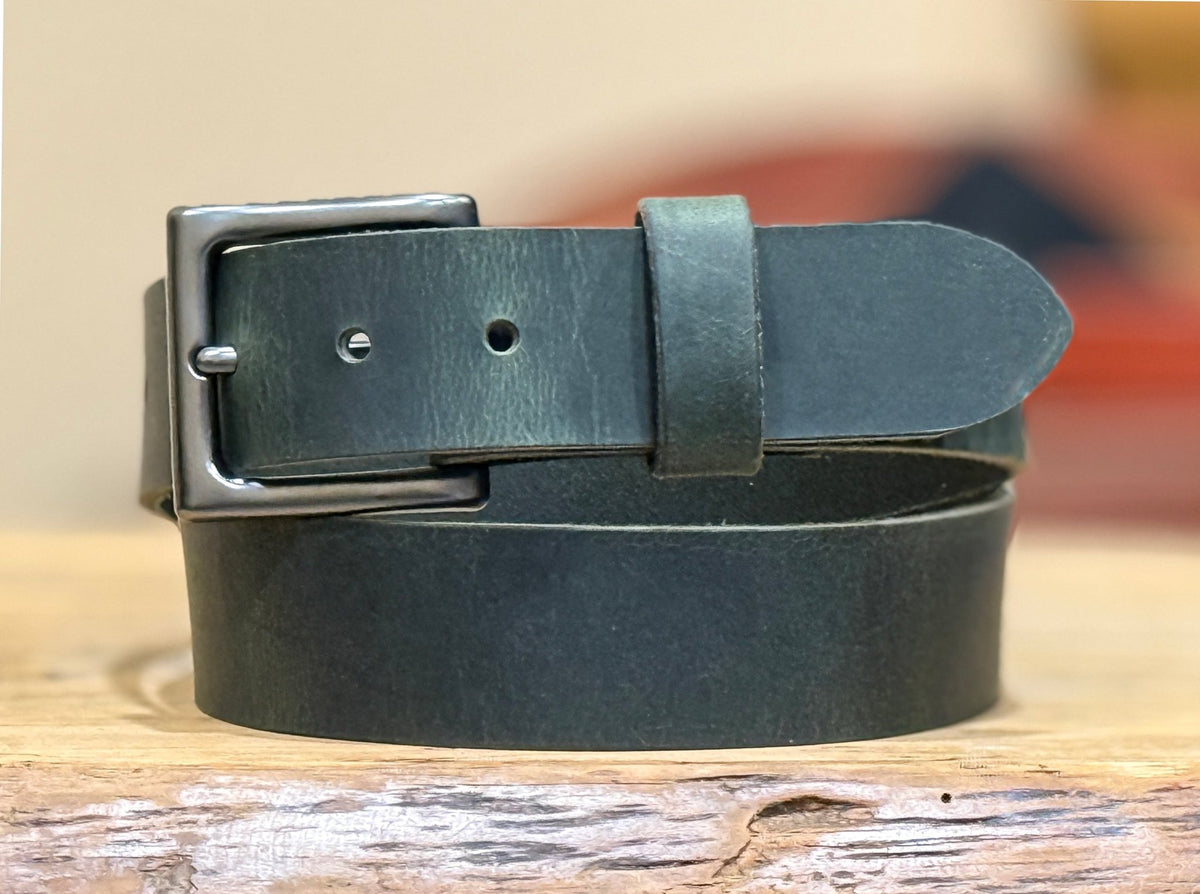 The Crazy Horse: Full Grain Buffalo Leather Crazy Horse Finish Belt Green - 1.5" - TheBeltShoppe.com