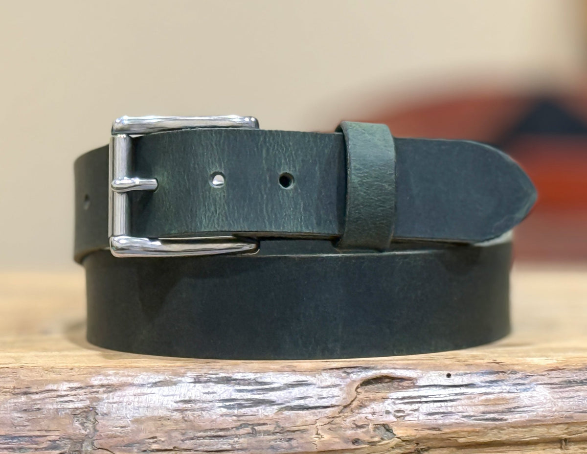 The Crazy Horse: Full Grain Buffalo Leather Crazy Horse Finish Belt Green - 1.5" - TheBeltShoppe.com