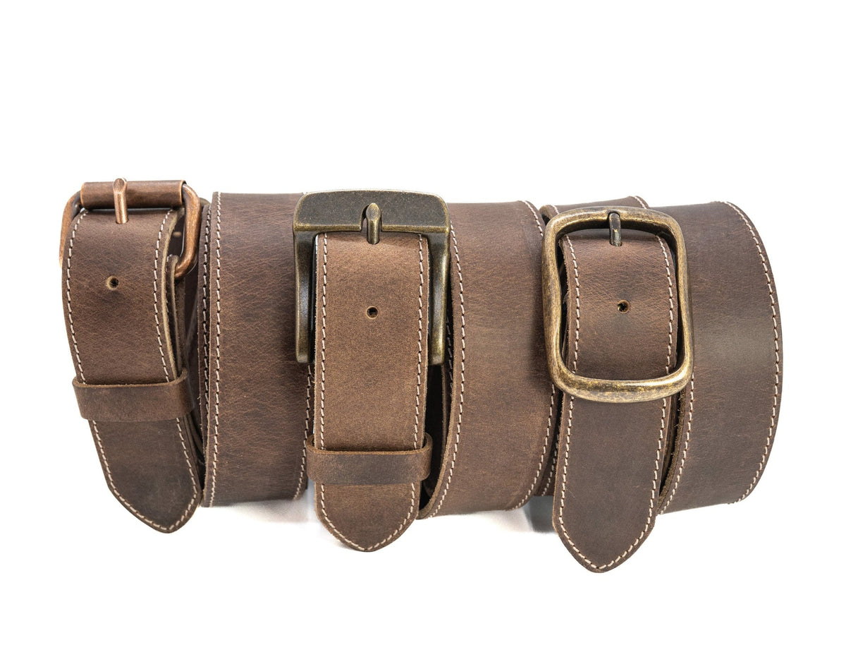 The Outfitter: Full Grain Crazy Horse Leather Stitched Edge Belt - Brown - 1.5" - TheBeltShoppe.com