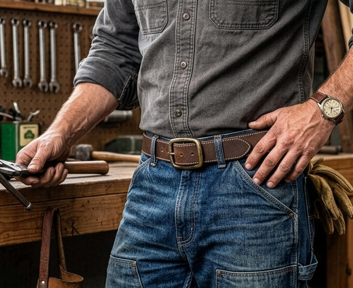 Person wearing a denim shirt and jeans in a workshop setting