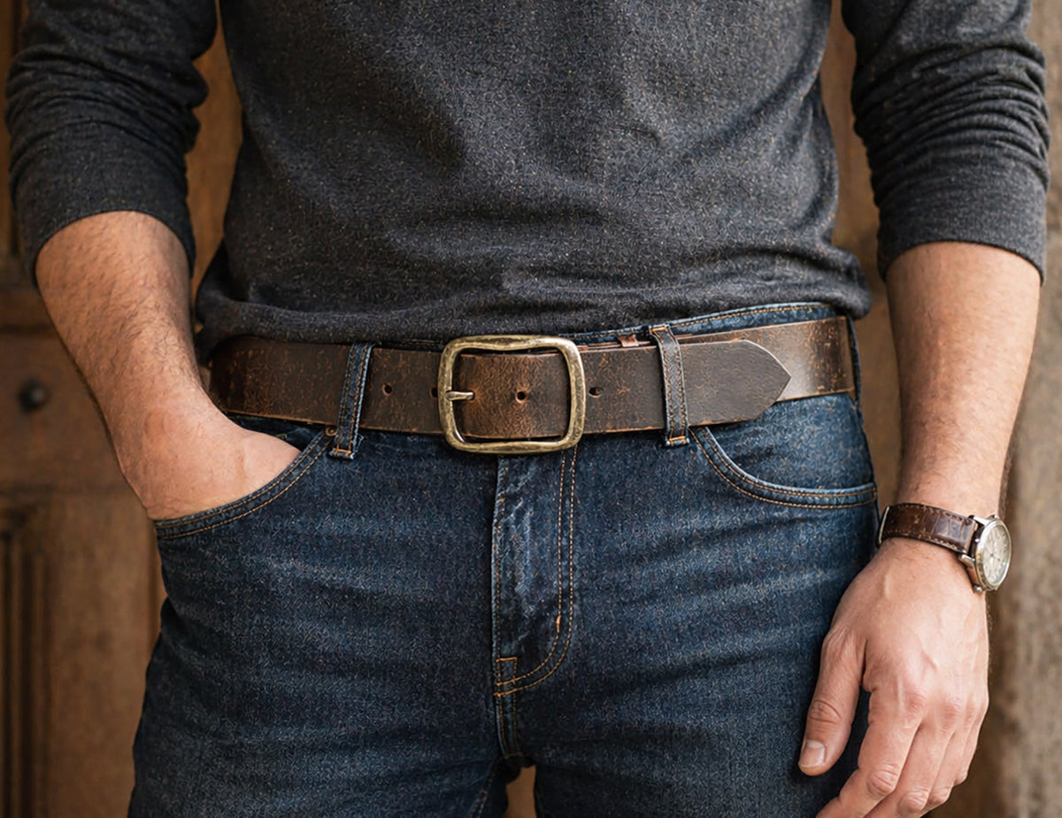 The Pikes Peak: Full Grain Crazy Horse Buffalo Leather Belt Center Bar Buckle - 1.5" - TheBeltShoppe.com