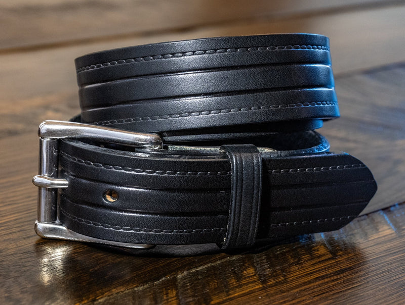The Rancher: Embossed Lines Heavy Duty Black Leather Belt - 1.5" - TheBeltShoppe.com