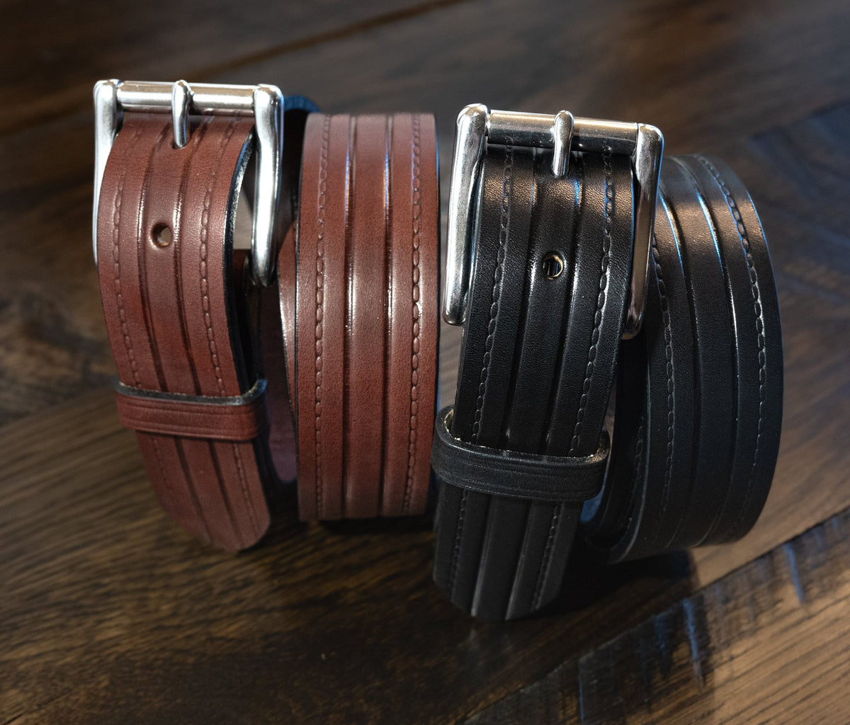 The Rancher: Embossed Lines Heavy Duty Brown Leather Belt - 1.5" - TheBeltShoppe.com