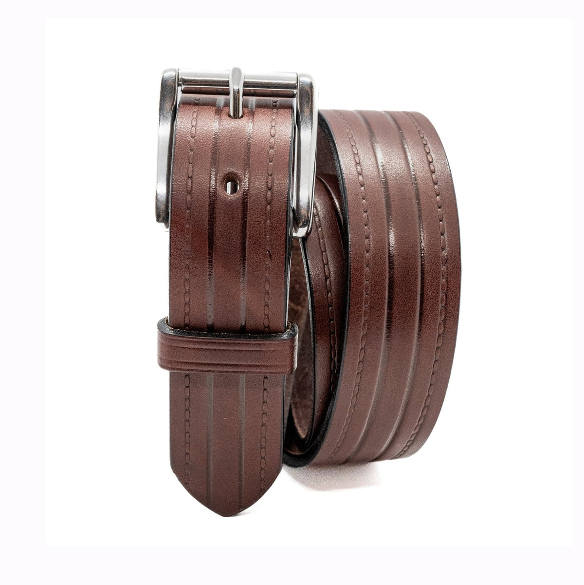 The Rancher: Embossed Lines Heavy Duty Brown Leather Belt - 1.5" - TheBeltShoppe.com
