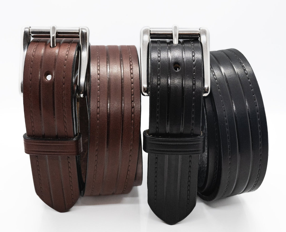 The Rancher: Embossed Lines Heavy Duty Brown Leather Belt - 1.5" - TheBeltShoppe.com