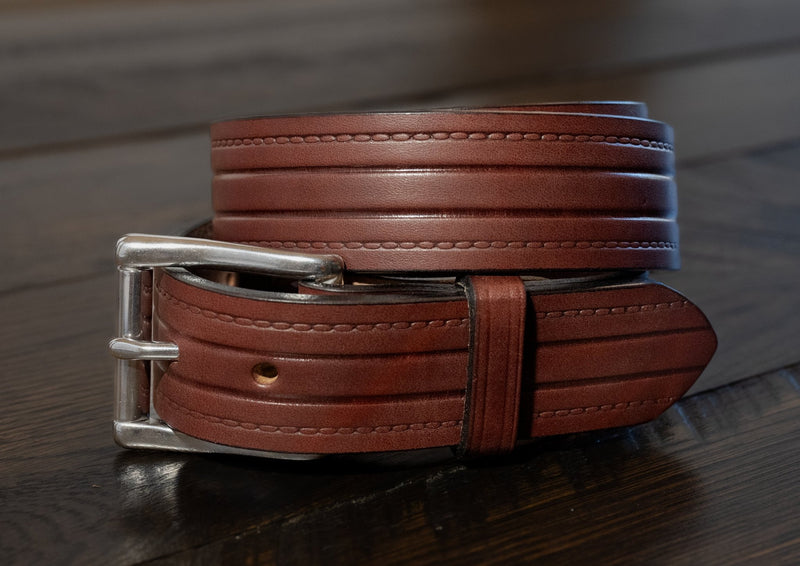 The Rancher: Embossed Lines Heavy Duty Brown Leather Belt - 1.5" - TheBeltShoppe.com