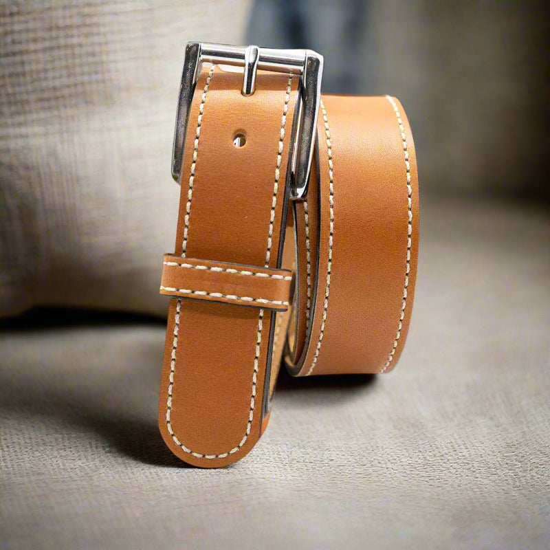 The Rustler: Tan Stitched Heavy Duty Leather Belt - Made by Amish - 1.5" - TheBeltShoppe.com