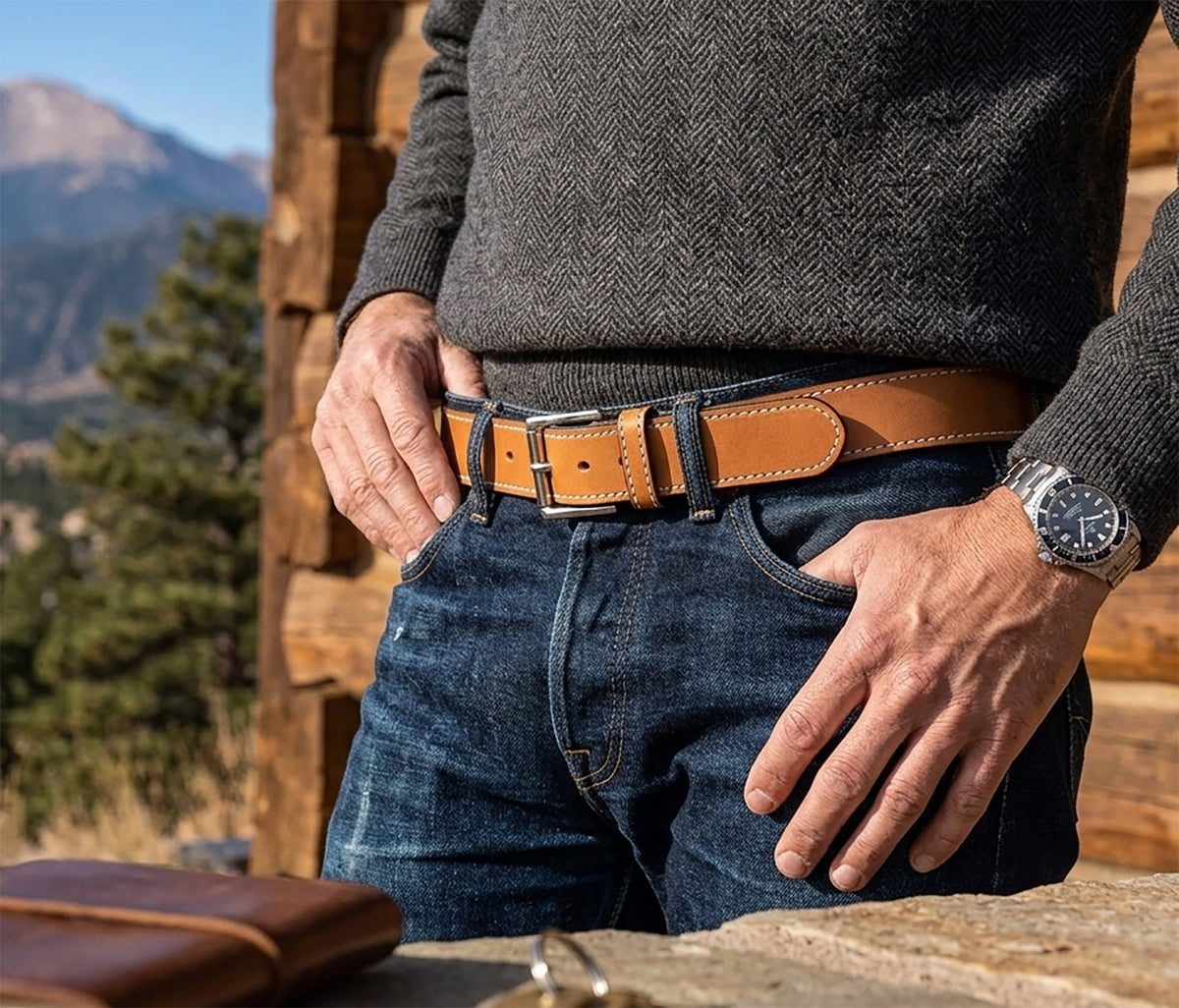 The Rustler: Tan Stitched Heavy Duty Leather Belt - Made by Amish - 1.5" - TheBeltShoppe.com