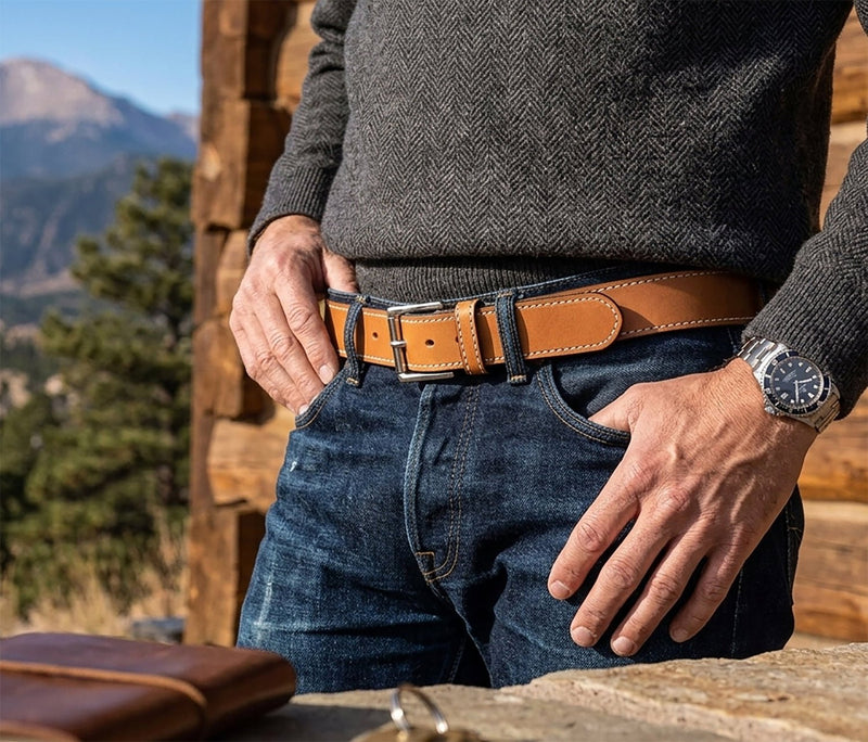 The Rustler: Tan Stitched Heavy Duty Leather Belt - Made by Amish - 1.5" - TheBeltShoppe.com