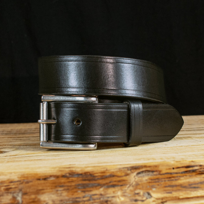 The Wrangler: Black Creased Edge Heavy Duty Leather Belt - 1.5" - TheBeltShoppe.com