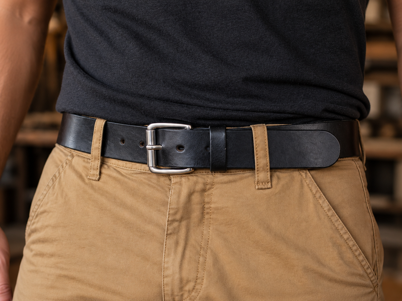 Black Workhorse 1.5-inch Amish-made full-grain leather belt worn with casual pants, showing its thick heavy-duty profile.