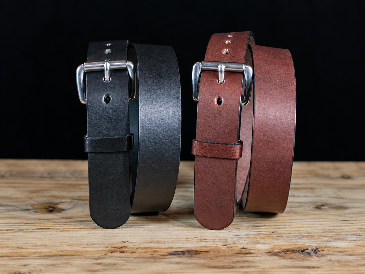 Black and brown Workhorse Amish-made thick full-grain leather belts with silver roller buckles on a rustic wooden surface.