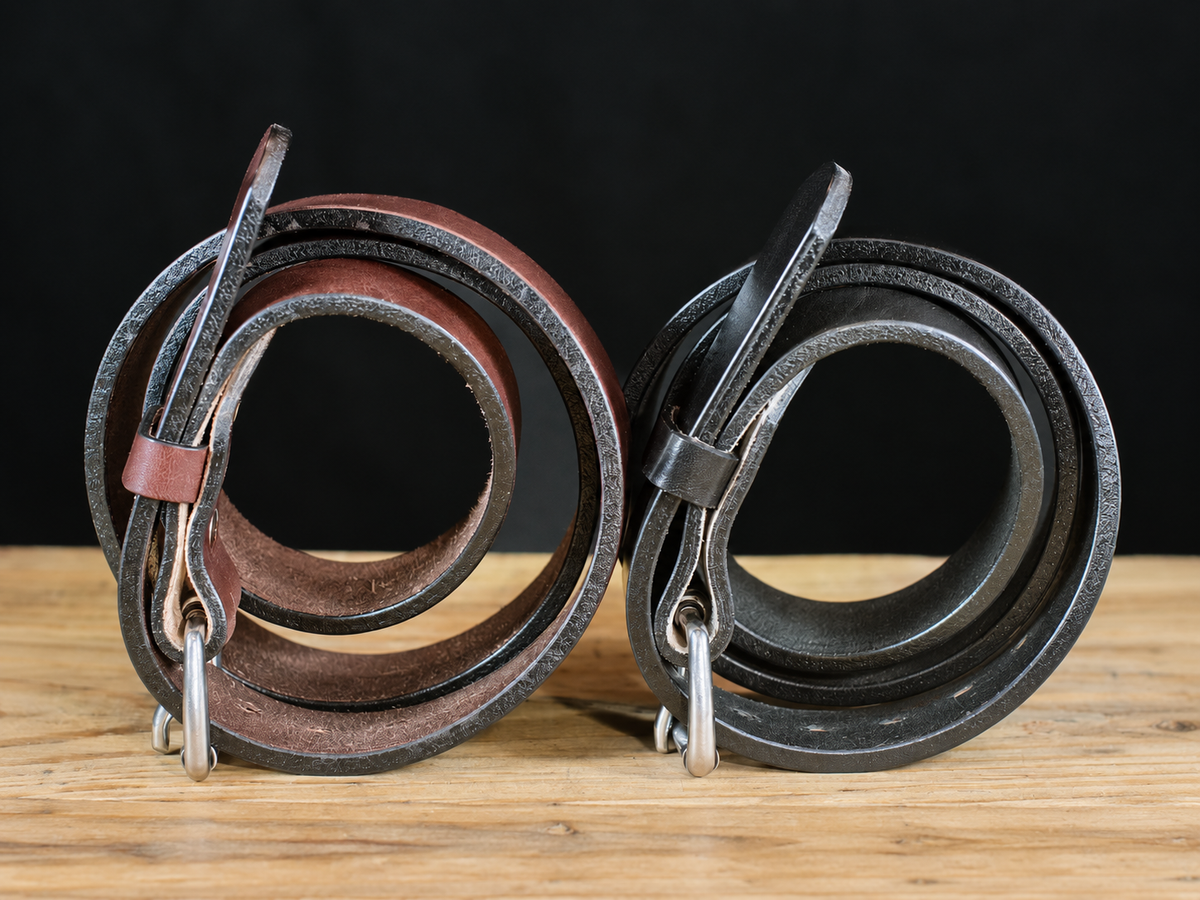 Side view of black and brown Workhorse full-grain leather belts showing their substantial leather thickness on a wooden surface.