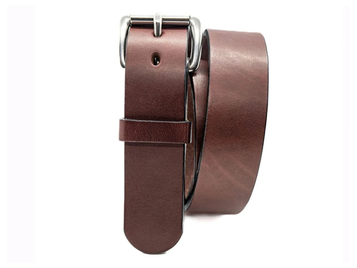 Brown Workhorse 1.5-inch Amish-made thick full-grain leather belt with silver roller buckle on a white background.
