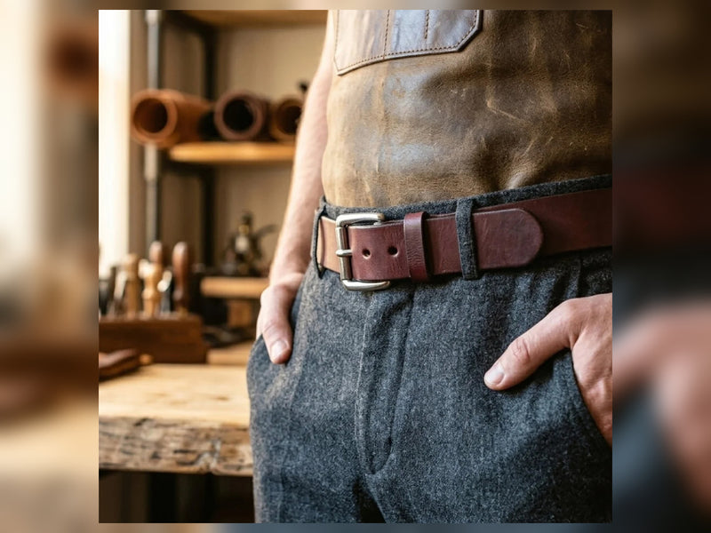 Brown Workhorse 1.5-inch Amish-made full-grain leather belt worn with casual pants, showing its thick heavy-duty profile.