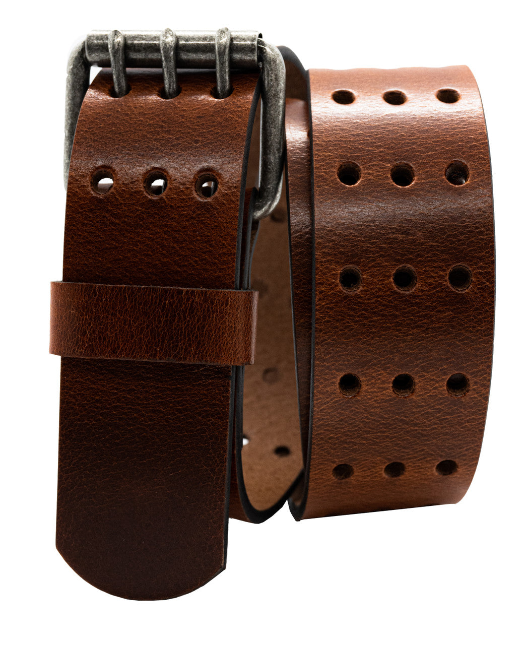 Full Grain Buffalo Leather 3-Hole Jeans Belt - Crunch Finish - Red Brown