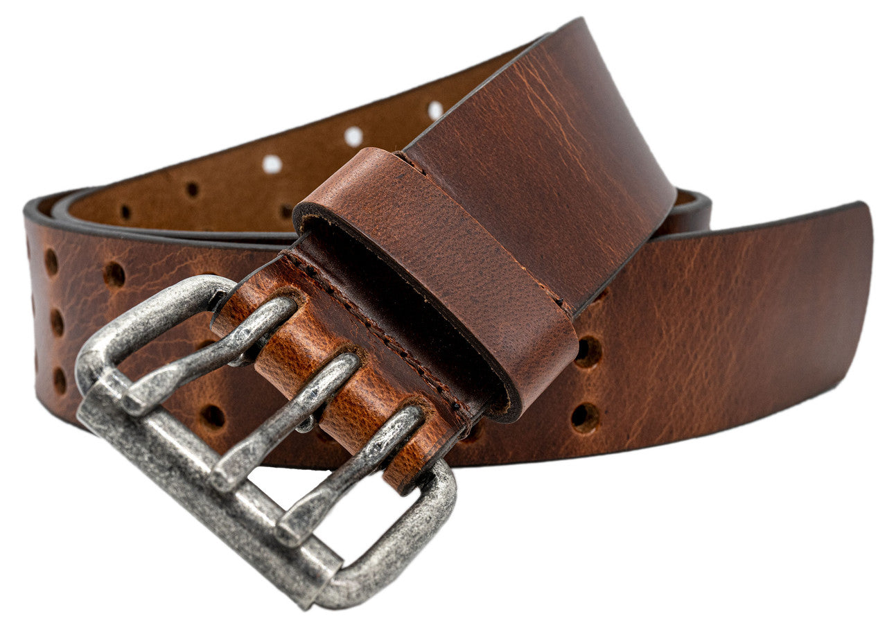 Full Grain Buffalo Leather 3-Hole Jeans Belt - Crunch Finish - Red Brown