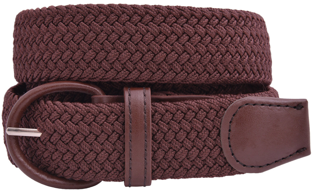 Leather Covered Buckle Woven Elastic Stretch Belt 1-1/4" Wide - Brown