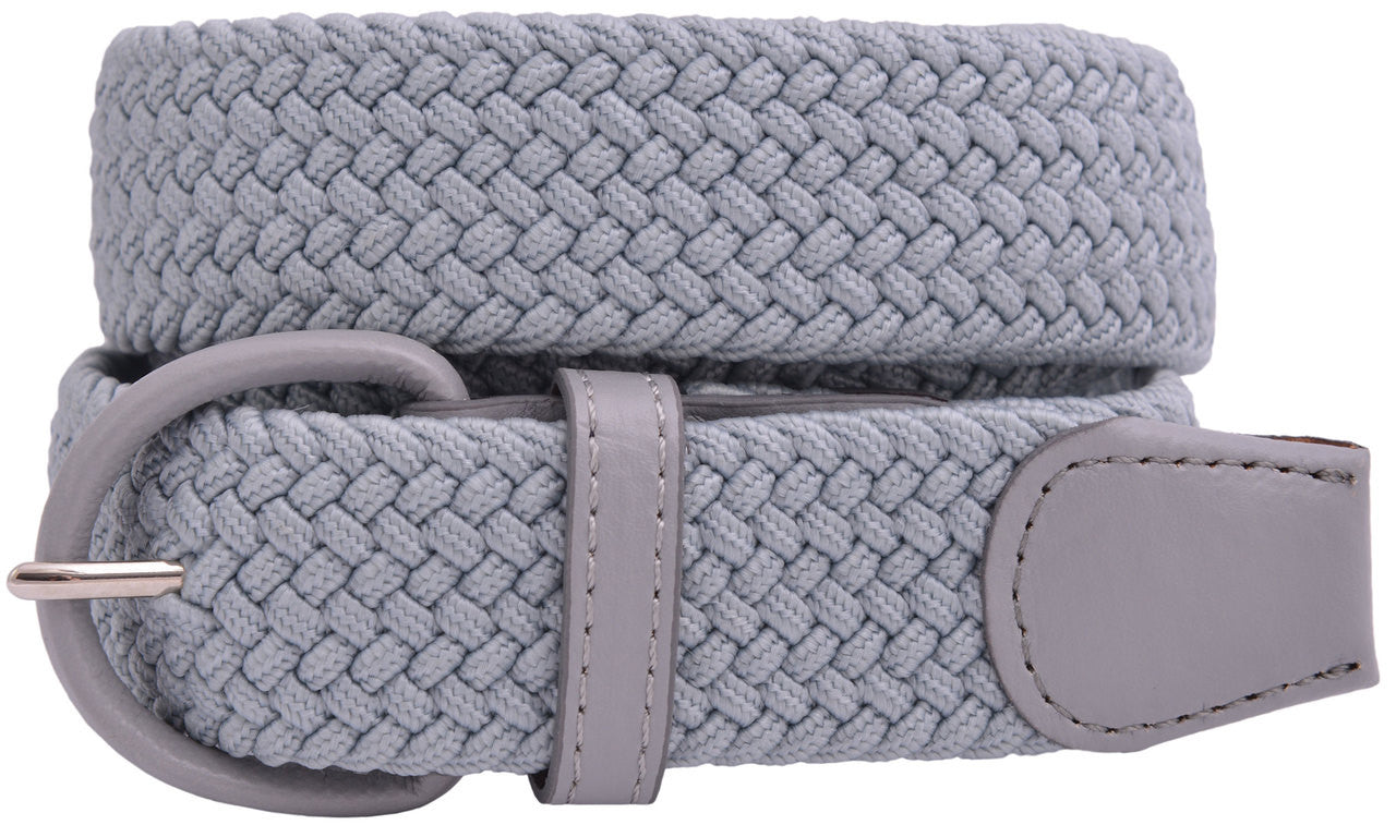 Leather Covered Buckle Woven Elastic Stretch Belt 1-1/4" Wide - Grey